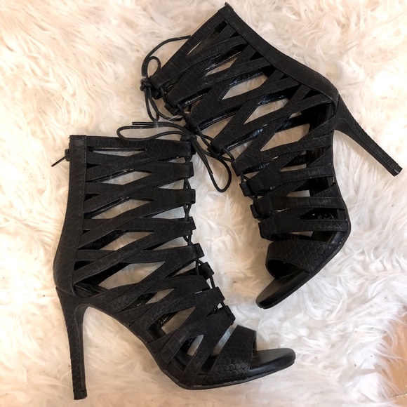 Black Silettos Lace Up Heels - Picture 1 of 5